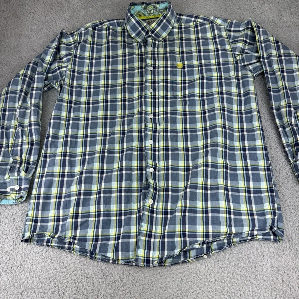 Cinch Shirt Mens Medium Blue Yellow‎ Button Up Western Cowboy Workwear Plaid